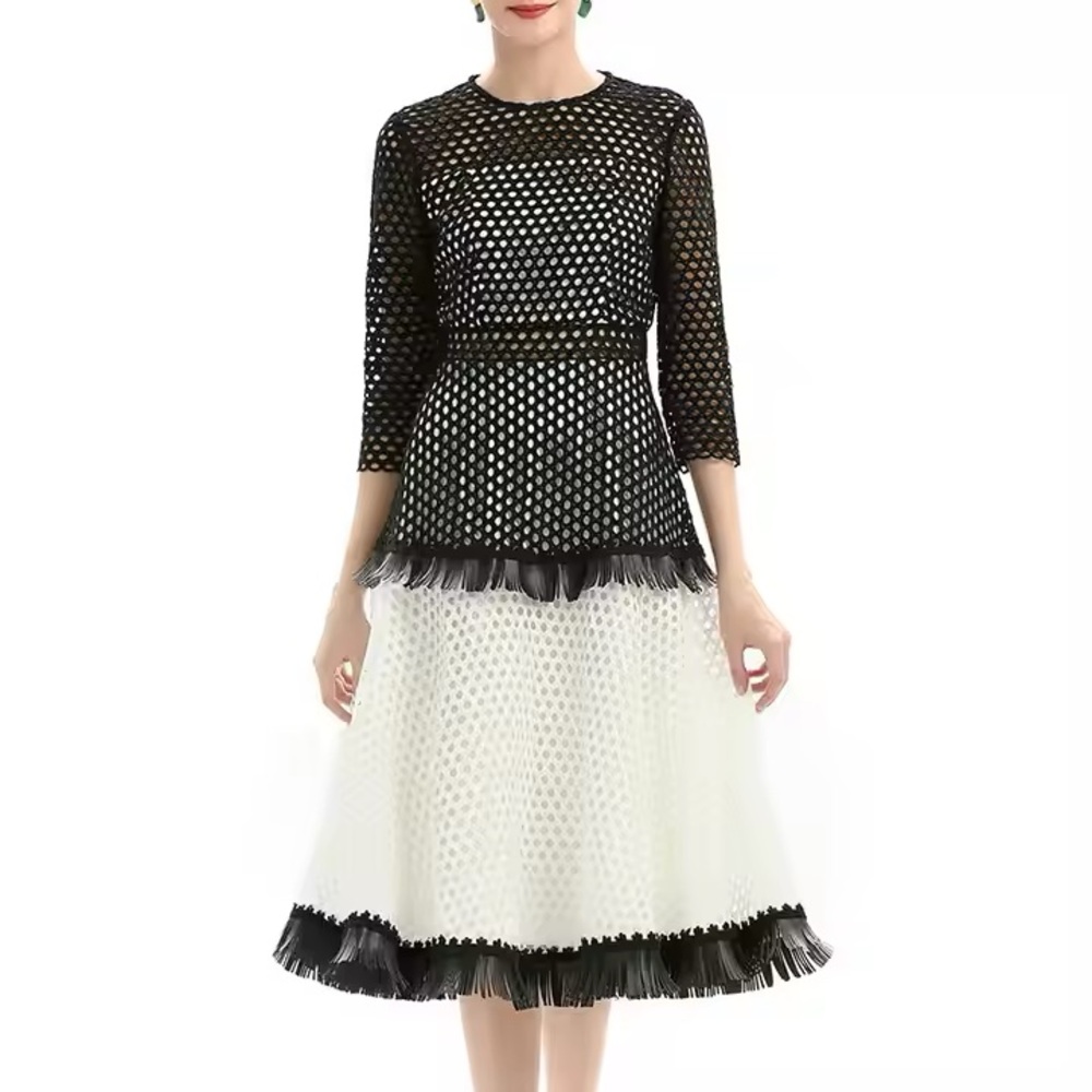 EC three-quarter sleeves tiered design flared midi dress perforated mesh size 10